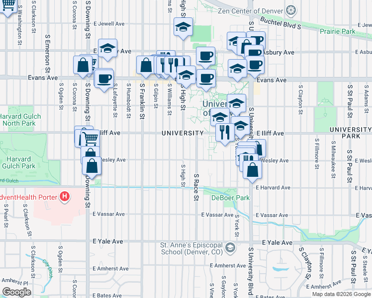 map of restaurants, bars, coffee shops, grocery stores, and more near 2369 South High Street in Denver