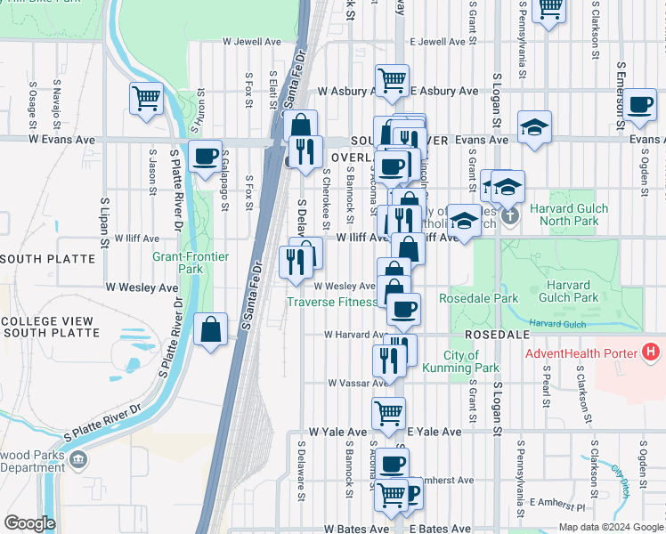 map of restaurants, bars, coffee shops, grocery stores, and more near 2360 South Cherokee Street in Denver