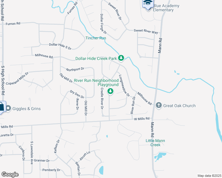 map of restaurants, bars, coffee shops, grocery stores, and more near 5360 West Rolling River Court in Indianapolis