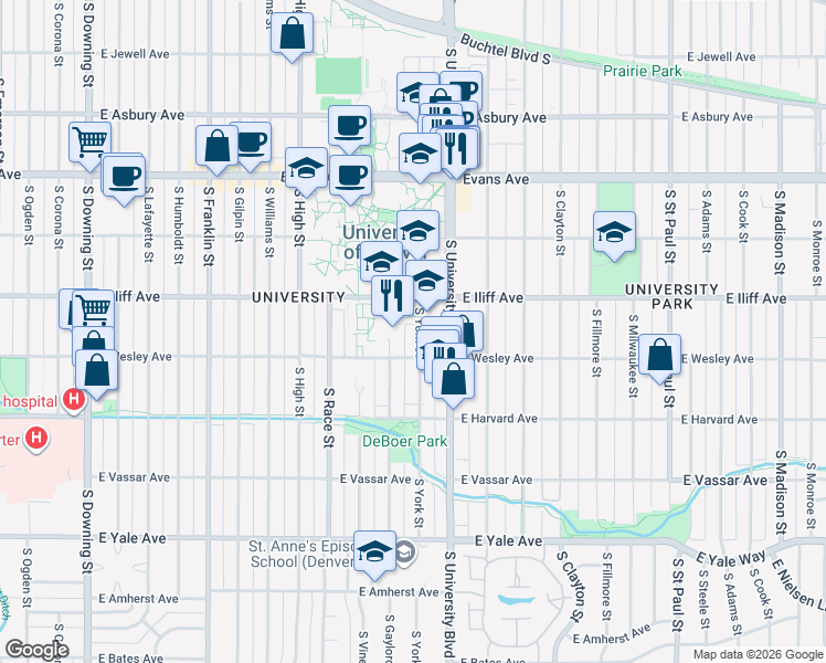 map of restaurants, bars, coffee shops, grocery stores, and more near 2369 South York Street in Denver