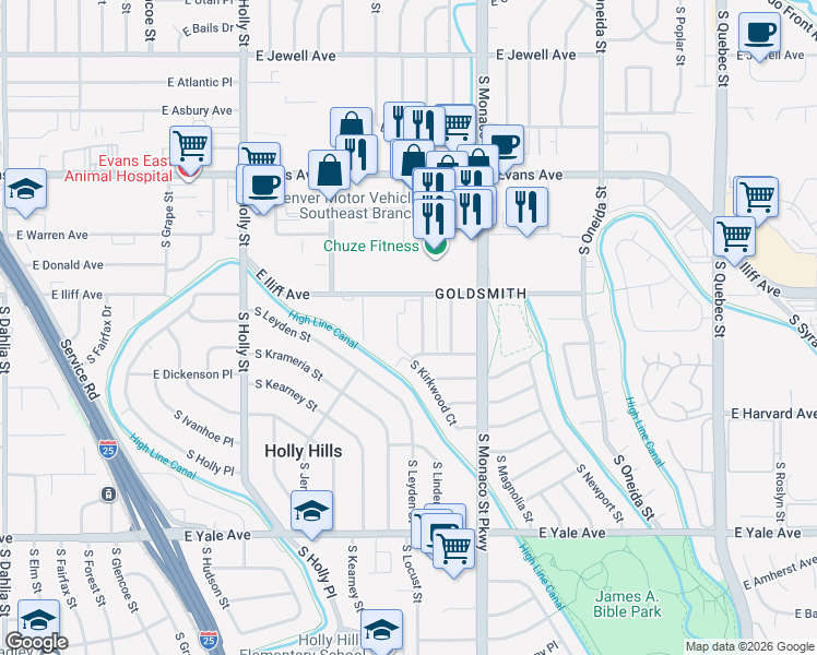 map of restaurants, bars, coffee shops, grocery stores, and more near 2355 South Linden Court in Denver