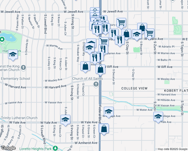 map of restaurants, bars, coffee shops, grocery stores, and more near 3025 West Harvard Avenue in Denver