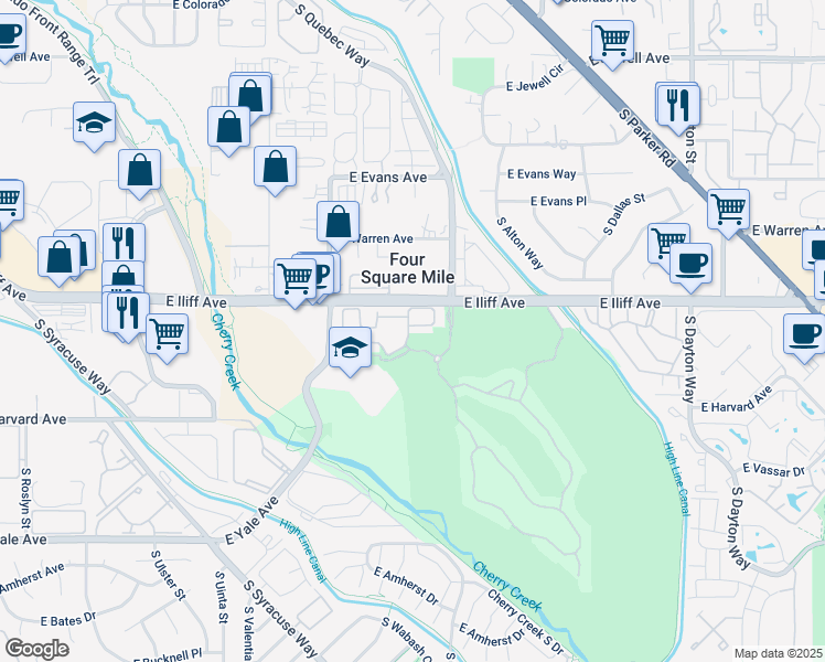 map of restaurants, bars, coffee shops, grocery stores, and more near 8748 East Wesley Drive in Denver