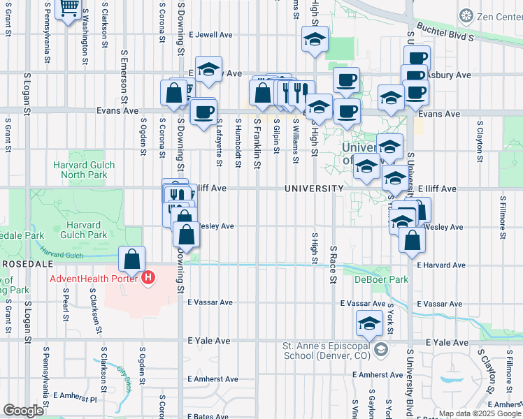 map of restaurants, bars, coffee shops, grocery stores, and more near 2370 South Franklin Street in Denver