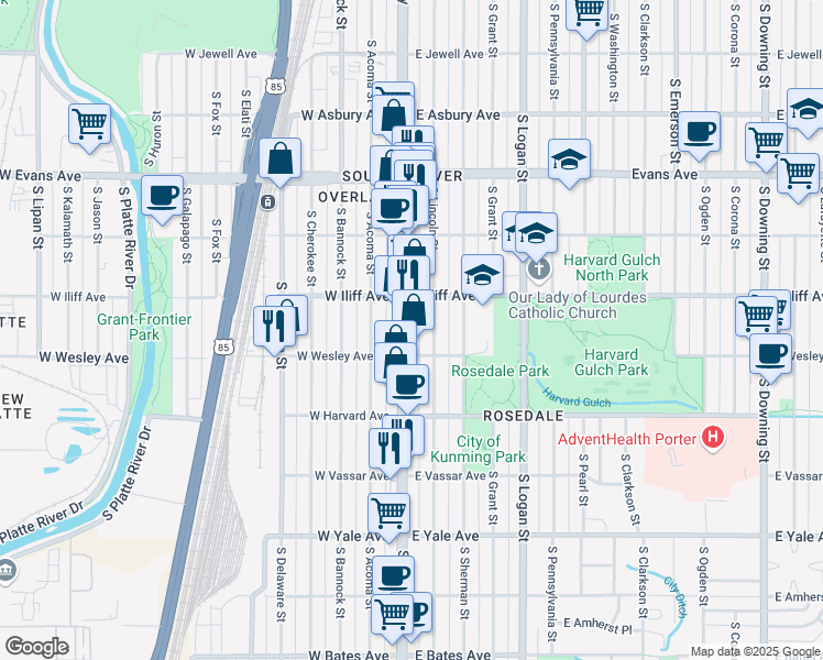 map of restaurants, bars, coffee shops, grocery stores, and more near 2375 South Lincoln Street in Denver