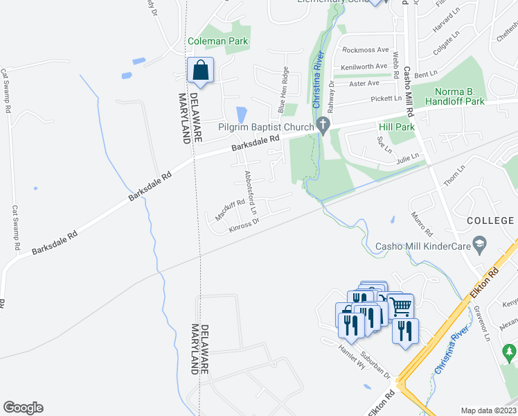 map of restaurants, bars, coffee shops, grocery stores, and more near 405 Abbotsford Lane in Newark