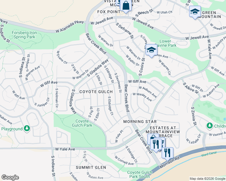 map of restaurants, bars, coffee shops, grocery stores, and more near 2336 South Eldridge Court in Lakewood