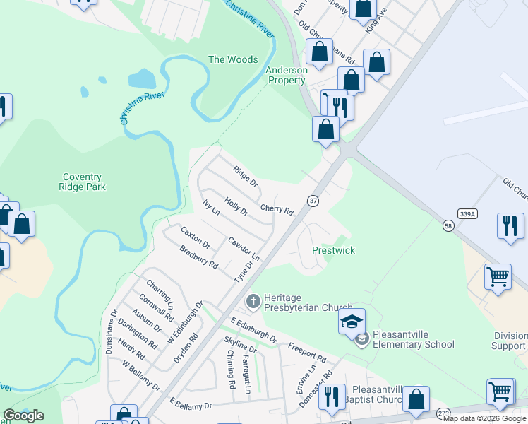 map of restaurants, bars, coffee shops, grocery stores, and more near 5 Holly Drive in New Castle