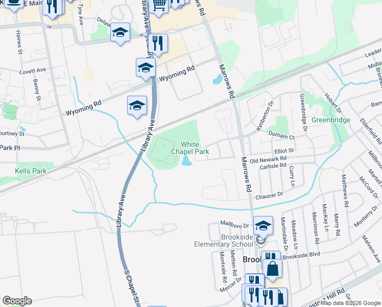 map of restaurants, bars, coffee shops, grocery stores, and more near 301 Whitechapel Drive in Newark