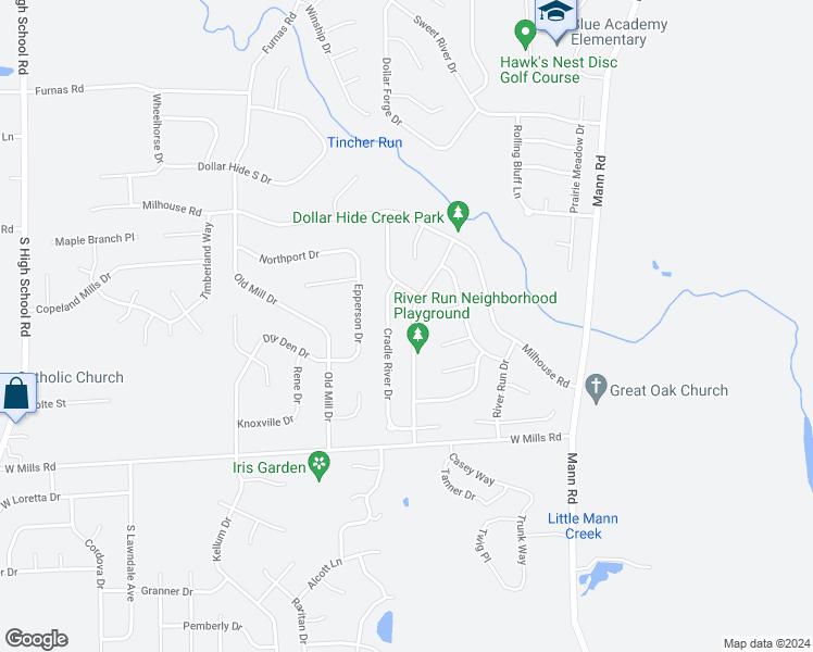 map of restaurants, bars, coffee shops, grocery stores, and more near 6216 Long River Lane in Indianapolis