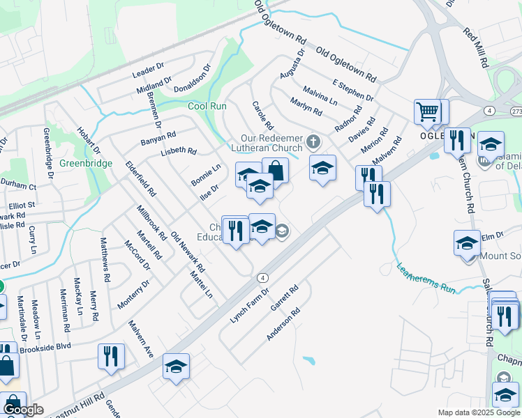 map of restaurants, bars, coffee shops, grocery stores, and more near 142 Brennen Drive in Newark