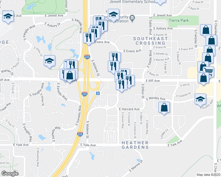 map of restaurants, bars, coffee shops, grocery stores, and more near 2367 South Blackhawk Street in Aurora