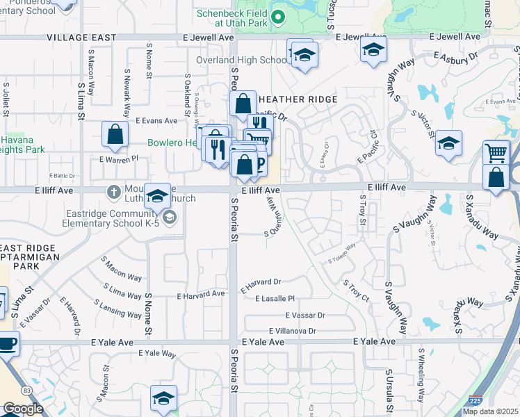 map of restaurants, bars, coffee shops, grocery stores, and more near 12250 East Iliff Avenue in Aurora
