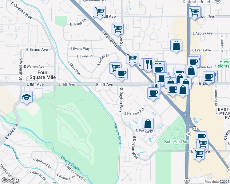 map of restaurants, bars, coffee shops, grocery stores, and more near 345 Windstream in Denver