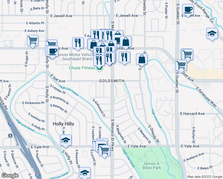 map of restaurants, bars, coffee shops, grocery stores, and more near 6461 East Wesley Avenue in Denver
