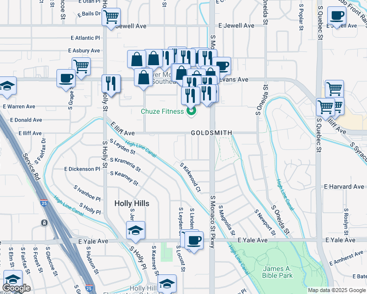 map of restaurants, bars, coffee shops, grocery stores, and more near 2355 South Linden Court in Denver