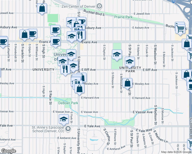 map of restaurants, bars, coffee shops, grocery stores, and more near 2363 South Columbine Street in Denver