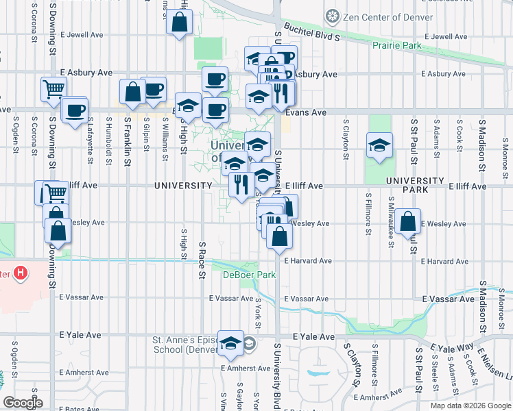 map of restaurants, bars, coffee shops, grocery stores, and more near 2369 South York Street in Denver