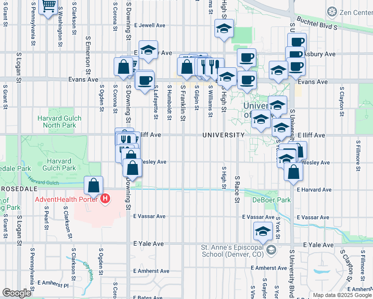 map of restaurants, bars, coffee shops, grocery stores, and more near 2370 South Franklin Street in Denver