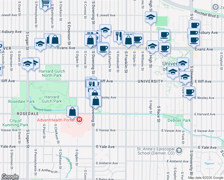 map of restaurants, bars, coffee shops, grocery stores, and more near 2379 South Lafayette Street in Denver