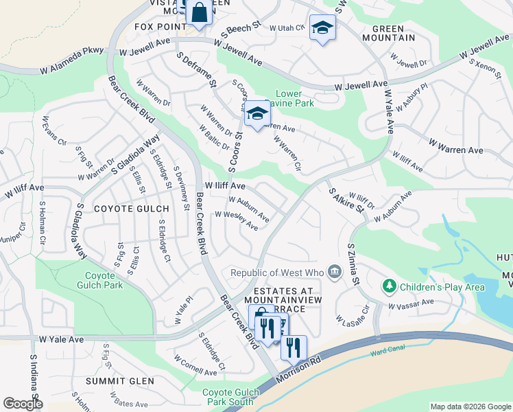map of restaurants, bars, coffee shops, grocery stores, and more near 13438 West Auburn Avenue in Lakewood