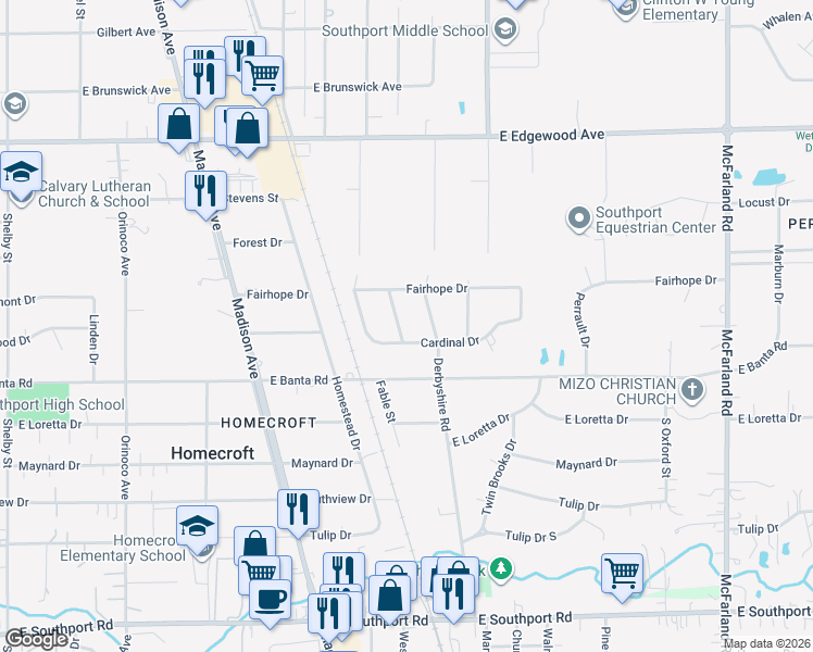 map of restaurants, bars, coffee shops, grocery stores, and more near 6376 Brookdale Drive in Indianapolis