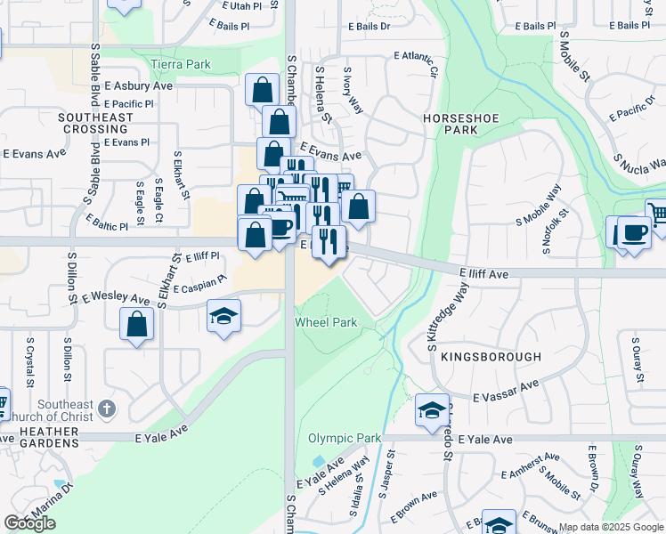 map of restaurants, bars, coffee shops, grocery stores, and more near 2300k South Chambers Road in Aurora