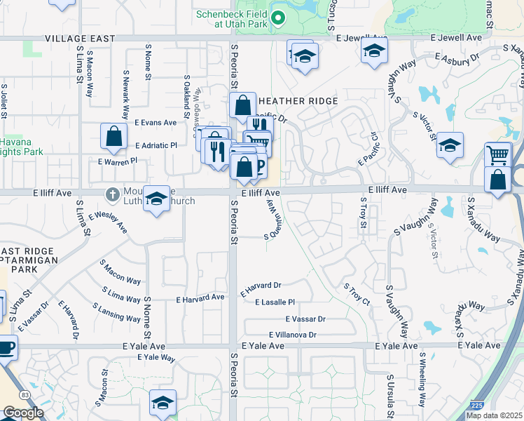 map of restaurants, bars, coffee shops, grocery stores, and more near 12200 East Iliff Avenue in Aurora