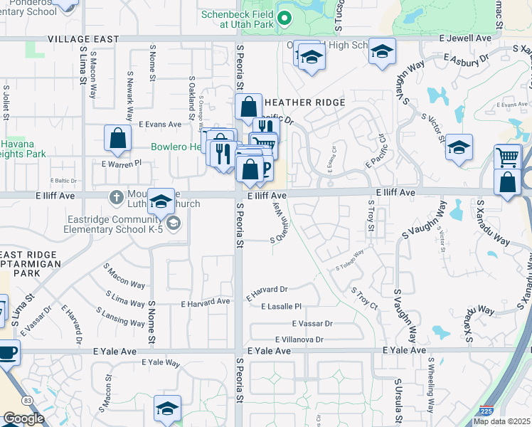 map of restaurants, bars, coffee shops, grocery stores, and more near 12200 East Iliff Avenue in Aurora
