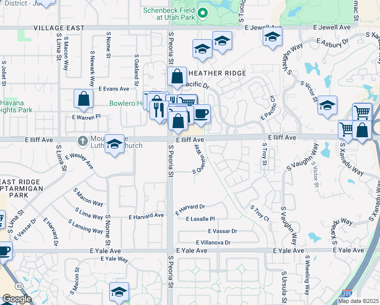 map of restaurants, bars, coffee shops, grocery stores, and more near 12250 East Iliff Avenue in Aurora
