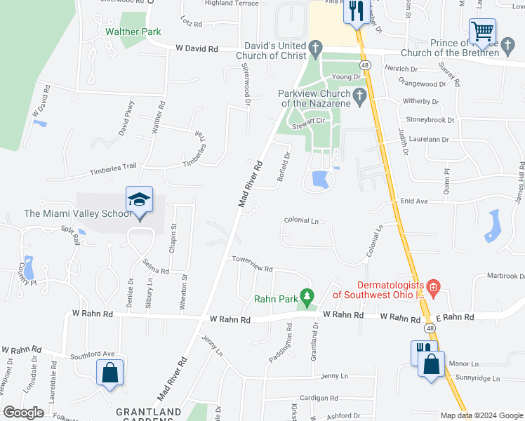 map of restaurants, bars, coffee shops, grocery stores, and more near 410 Wild Timber Lane in Dayton