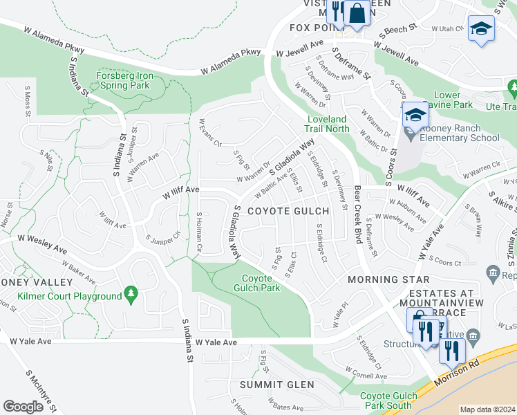 map of restaurants, bars, coffee shops, grocery stores, and more near 14247 West Iliff Avenue in Lakewood