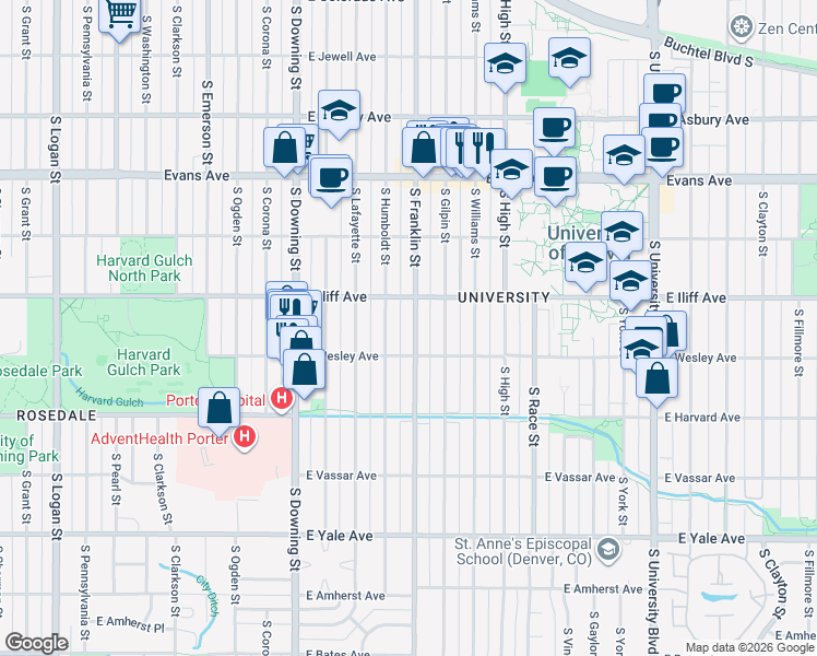 map of restaurants, bars, coffee shops, grocery stores, and more near 2347 South Franklin Street in Denver