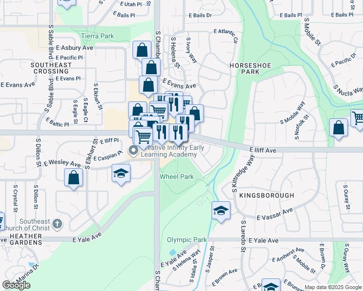 map of restaurants, bars, coffee shops, grocery stores, and more near 2300k South Chambers Road in Aurora