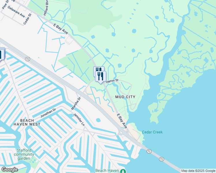 map of restaurants, bars, coffee shops, grocery stores, and more near 1214 East Bay Avenue in Stafford Township