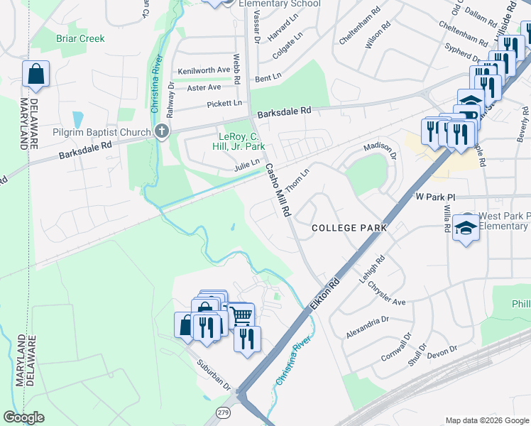 map of restaurants, bars, coffee shops, grocery stores, and more near 209 Mia Drive in Newark
