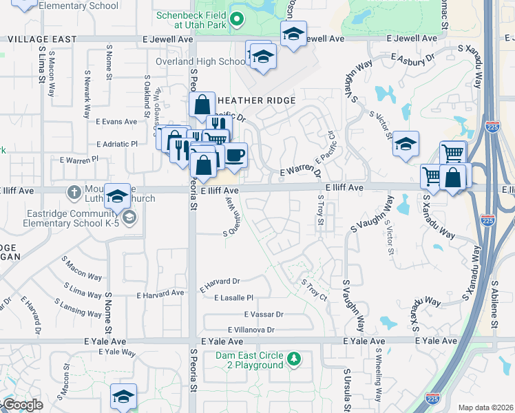 map of restaurants, bars, coffee shops, grocery stores, and more near 12505 East Wesley Avenue in Aurora