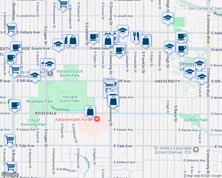 map of restaurants, bars, coffee shops, grocery stores, and more near South Downing Street in Denver