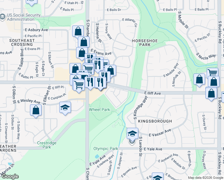 map of restaurants, bars, coffee shops, grocery stores, and more near 2351 South Idalia Street in Aurora
