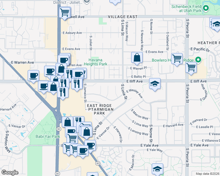 map of restaurants, bars, coffee shops, grocery stores, and more near 2363 South Kingston Street in Aurora