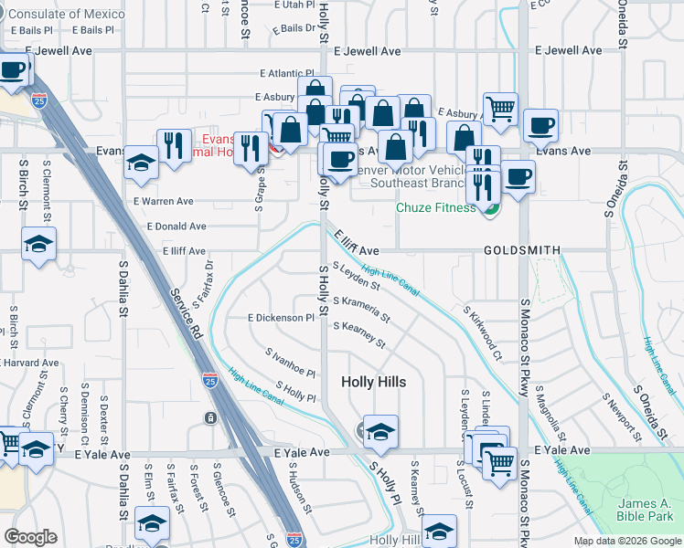 map of restaurants, bars, coffee shops, grocery stores, and more near 2350 South Holly Street in Denver