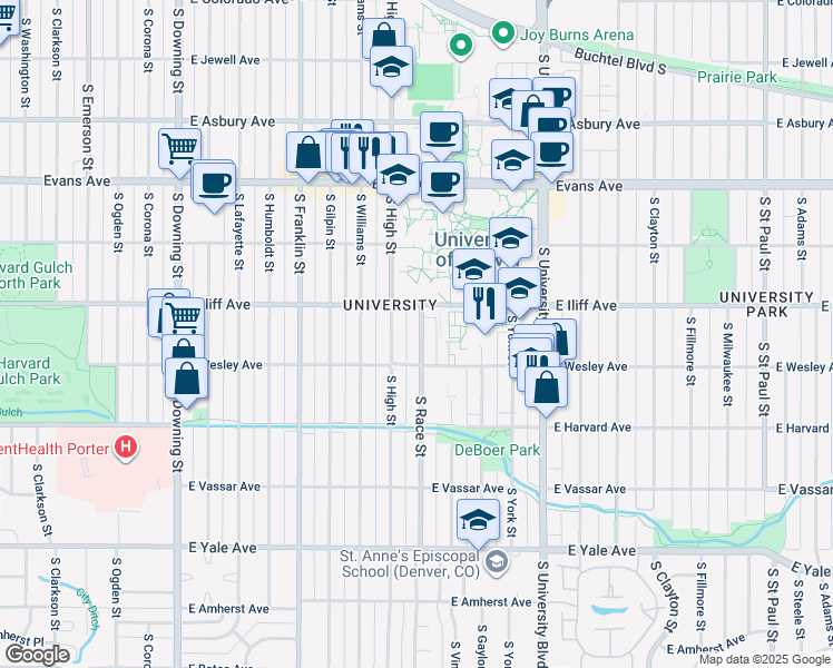 map of restaurants, bars, coffee shops, grocery stores, and more near 2375 South Race Street in Denver