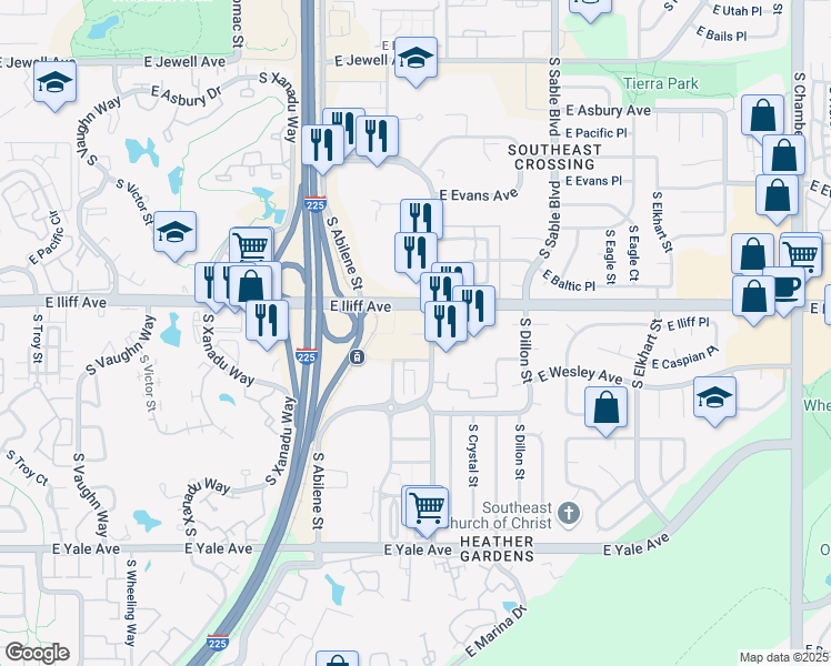 map of restaurants, bars, coffee shops, grocery stores, and more near 2337 South Blackhawk Street in Aurora