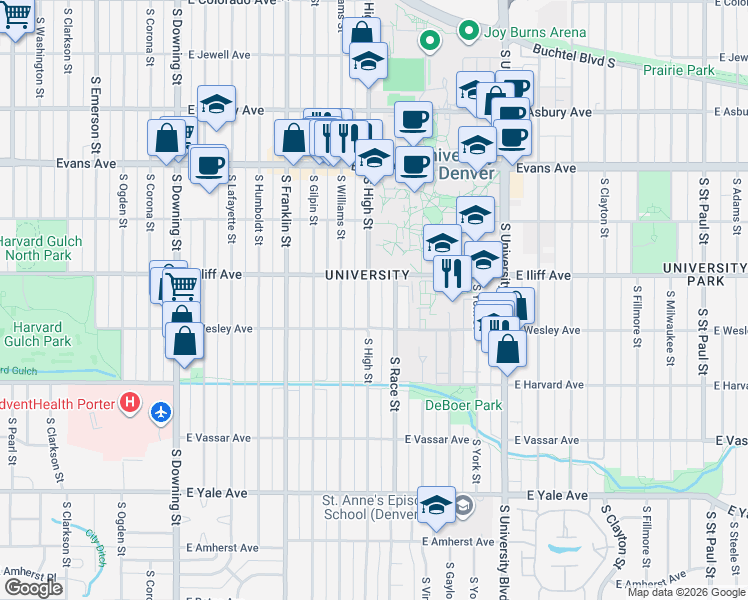 map of restaurants, bars, coffee shops, grocery stores, and more near 2340 South High Street in Denver