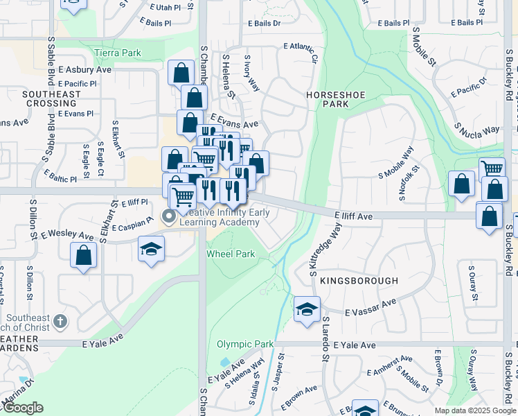 map of restaurants, bars, coffee shops, grocery stores, and more near 15601 East Caspian Circle in Aurora