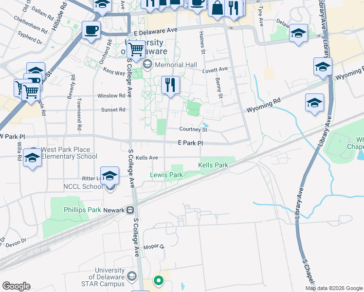 map of restaurants, bars, coffee shops, grocery stores, and more near 99 East Park Place in Newark