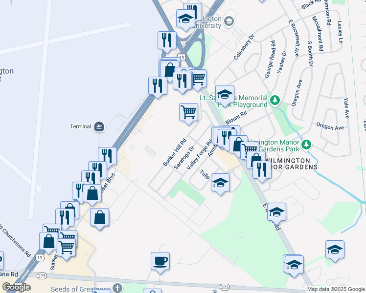 map of restaurants, bars, coffee shops, grocery stores, and more near 23 Bunker Hill Road in New Castle