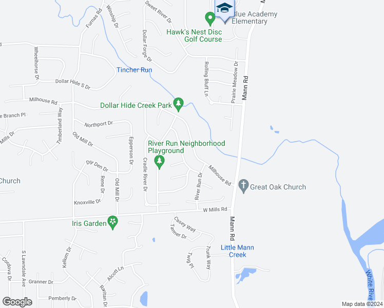 map of restaurants, bars, coffee shops, grocery stores, and more near 5323 Milhouse Road in Indianapolis