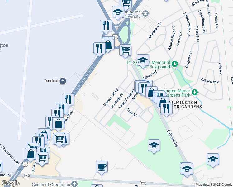 map of restaurants, bars, coffee shops, grocery stores, and more near 23 Bunker Hill Road in New Castle