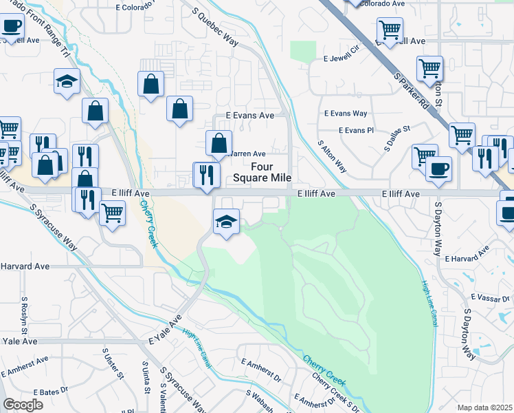 map of restaurants, bars, coffee shops, grocery stores, and more near 8748 East Wesley Drive in Denver